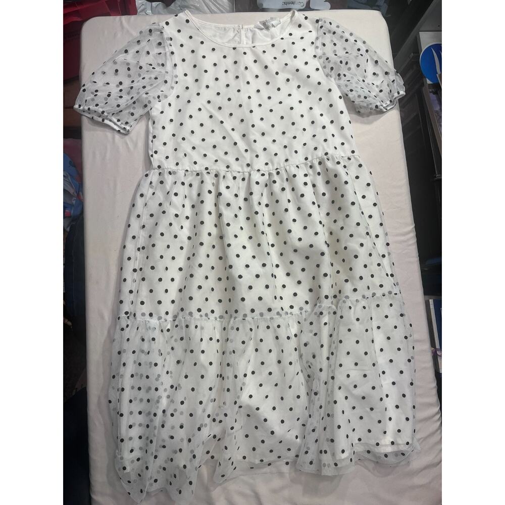 H&M Kids White dress, Black polka dots, Tiered Size 10